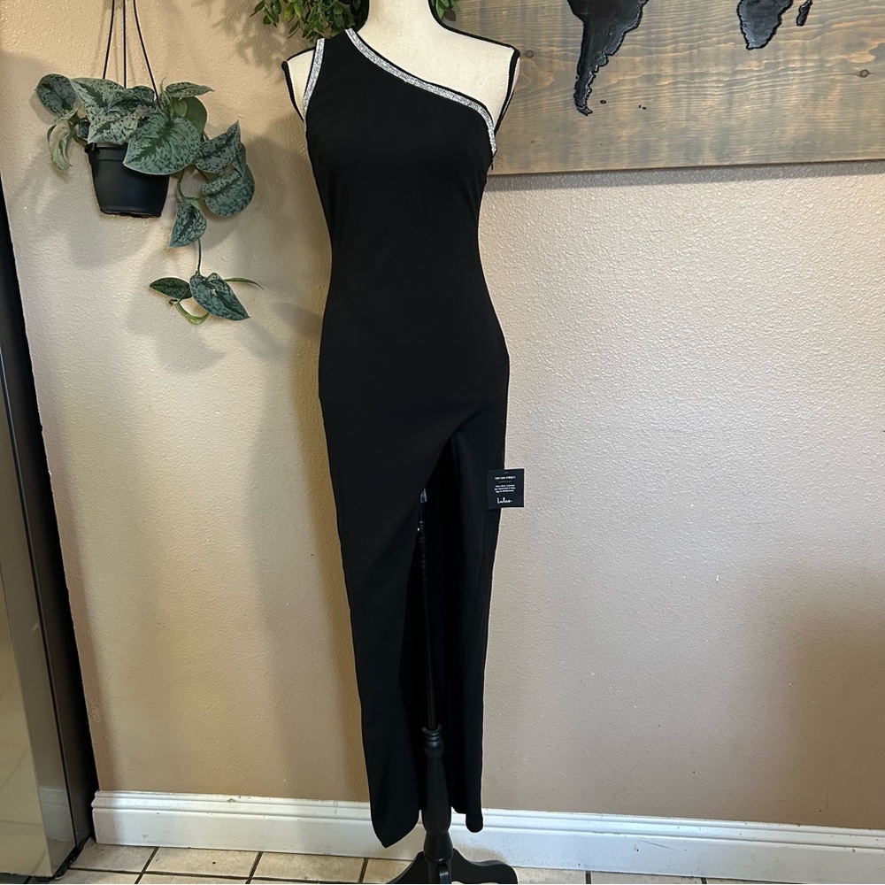 NWT Lulus Glamorous Muse Black Rhinestone One-Shoulder Maxi Dress - Picture 2 of 9